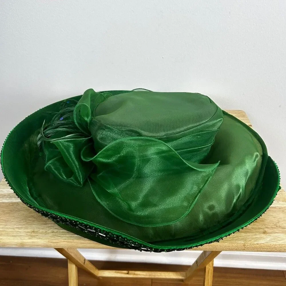 Ashro Womens Green Organza Church Hat Wide Brim Feather Beaded Trim Kentucky